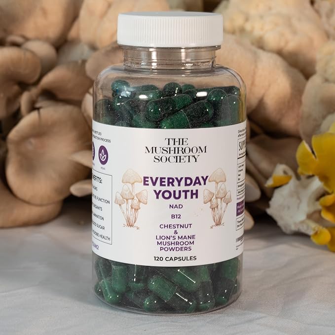 Everyday Youth - Anti-Aging Supplement - Brain & Cellular Energy Formula – Lion’s Mane, Chestnut, NAD, B12 + Beta-Glucans - 120 Vegan Capsules