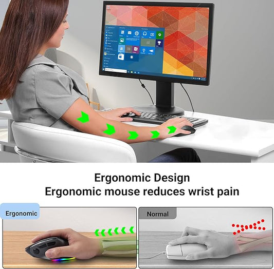 Ergonomic Mouse,Bluetooth Vertical Wireless Mouse,LED Rechargeable Optical Computer Mice, Portable(BT5.2 or USB 2.4GHz) Dual Mode,1000/1600/2400 DPI,8 Buttons for Laptop,Desktop,PC,Macbook (grey)