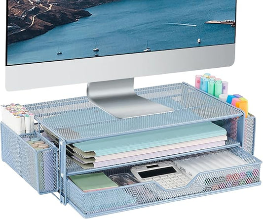AUPSEN Computer Monitor Stands Riser,2-Tier Desk Organizers and Accessories, Office Desk Accessories Organizer with Drawers and 2 Pen Holder for Office Supplies (Blue)
