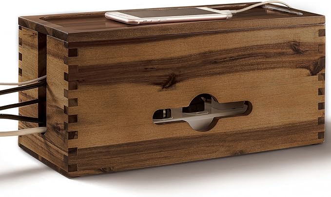 Acacia Large Cable Management Box - 15" L Cord Box Hider, Power Strip Box for Office - Cable Hider Box, Surge Protector Box - Wire Box Hider for Desk - 3 Open Slots, Magnetic Lid (Walnut color)
