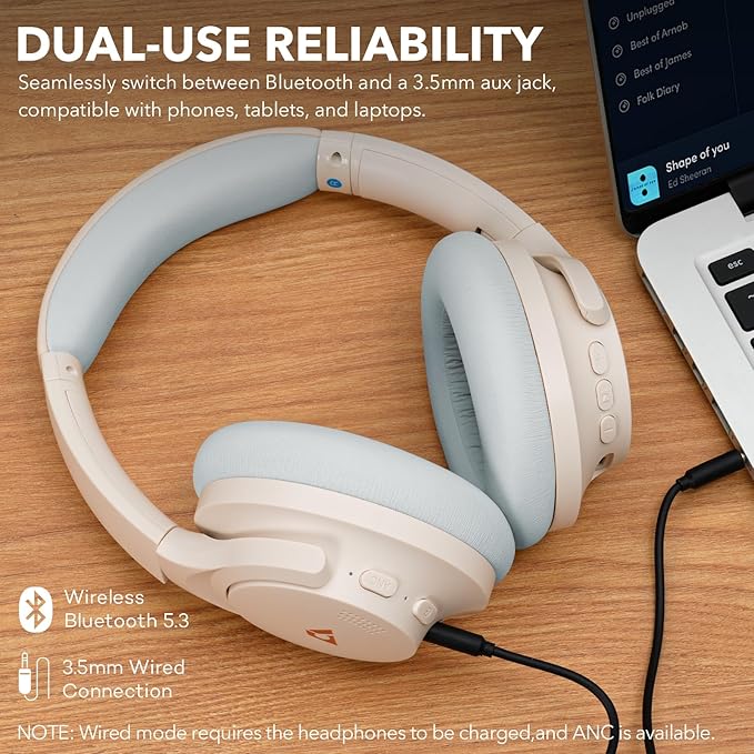 1Mii Y8+ Noise Cancelling Headphones Bluetooth, Wireless LDAC Hi-Res Audio, Custom EQ via App, 75H Playtime, Comfort Fit, Over Ear Headphones Foldable for Airplane Travel Home Office Beige Cyan