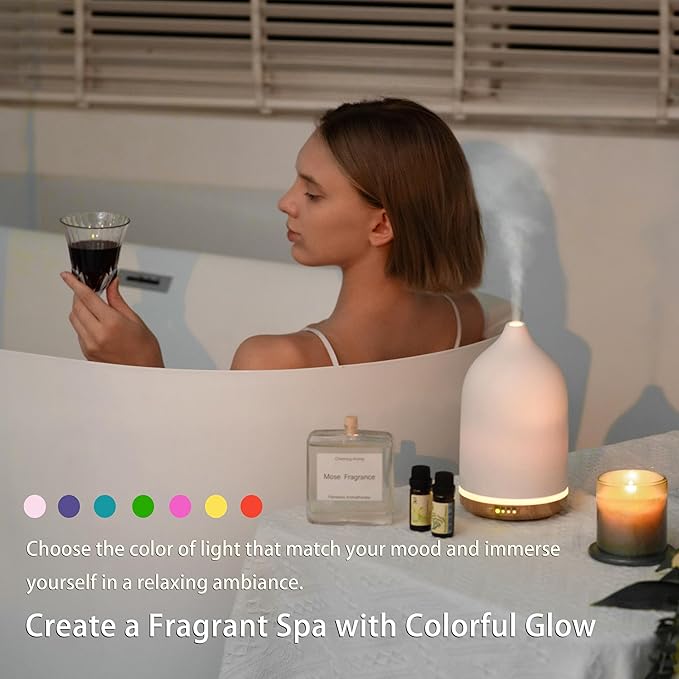 BOXING 250ML Esseantial Oil Diffuser, Ultrasonic Aromatherapy Diffusers for Home & Large Room, 7 Colors of Night Light for Bedroom, Timer, Quiet Operation, Stylish Ceramic, Auto Shut Off, White