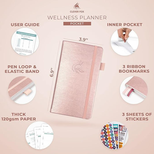 Clever Fox Wellness Planner - Weekly & Daily Health and Wellness Log, Food Journal & Meal Planner Diary for Calorie Counting, Notebook for Medical Condition Tracking – Pocket size (Rose Gold)