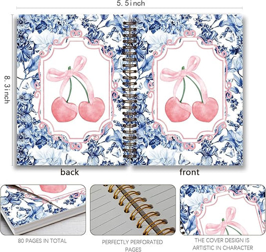 Coquette Blue Bow Notebook Journal,Girly Notebook for Women,Preppy Pink Cherry Notebook Journal,Blue Office Supplies,5.5x8.3 Inch