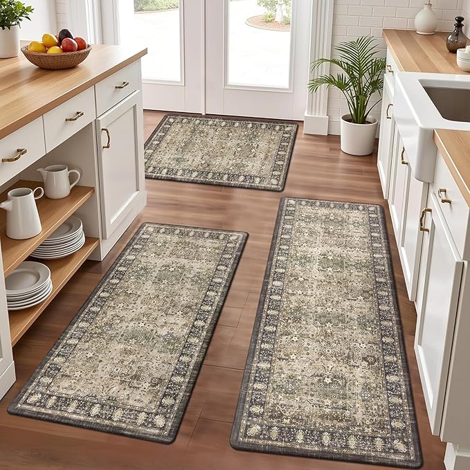Pauwer Anti Fatigue Kitchen Mat Set of 3 Non Slip Kitchen Mats for Floor Cushioned Kitchen Rugs Comfort Standing Mat Farmhouse Waterproof PVC Foam Kitchen Floor Mat Runner, Multi Brown