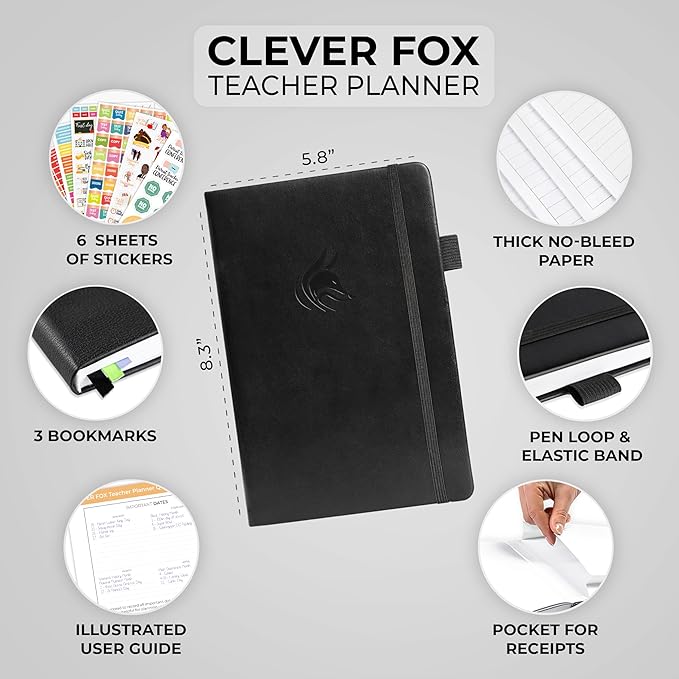 Clever Fox Teacher Planner – School Year Planner with Calendars & Lesson Plans – Teacher Plan Book for Classroom & Homeschool Organization - Undated, A5 Size, Hardcover (Black)