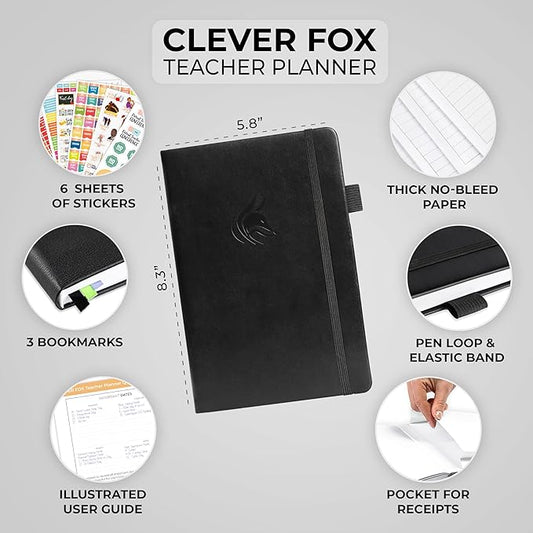 Clever Fox Teacher Planner – School Year Planner with Calendars & Lesson Plans – Teacher Plan Book for Classroom & Homeschool Organization - Undated, A5 Size, Hardcover (Black)