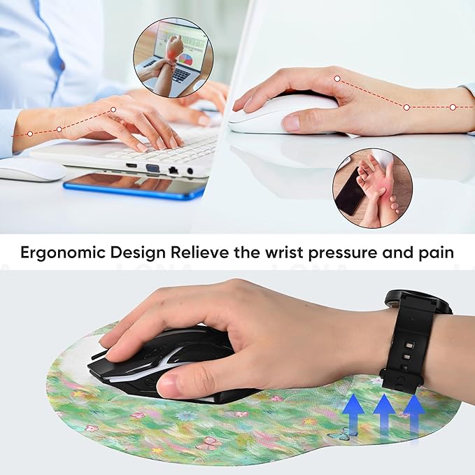 RICHEN Ergonomic Mouse Pad with Wrist Support,Non-Slip Rubber Base for Computer Laptop & Mac,Lightweight Rest for Home,Office & Travel (Green and Buttflies)