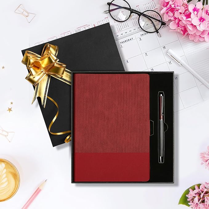 A5 Lined Notebook with Pen & Gift Box 216 Pages PU Leather Journals for Women Men 100GSM Thick Paper College Ruled Notebook for School,Travel,Business,Work,Home Writing (A5 Lined 216pages, Red - Gift Box Set)