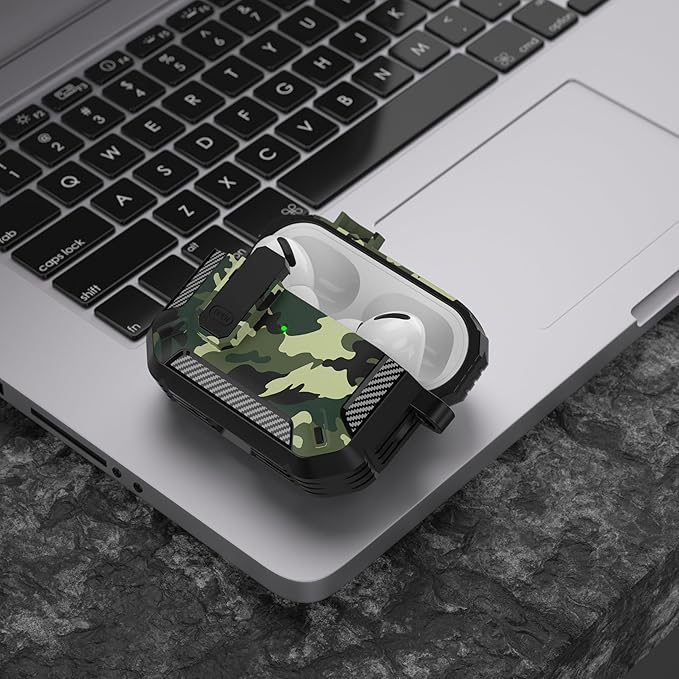 Maxjoy for AirPods Pro Case Cover with Lock, AirPods Pro 1st Generation Case for Men Military Rugged Protective Cover with Keychain Compatible with Apple AirPod Pros 2019 Front LED Visible, Green Camo