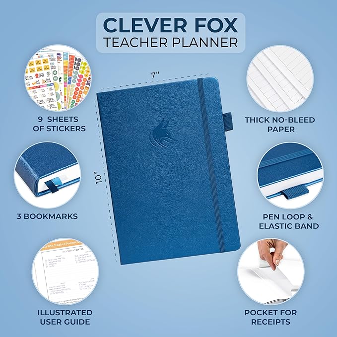 Clever Fox Teacher Planner – School Year Planner with Calendars & Lesson Plans – Teacher Plan Book for Classroom & Homeschool Organization - Undated, 7x10″, Hardcover (Mystic Blue)