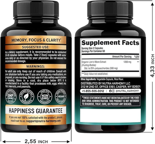 Lions Mane Supplement Capsules - Organic Lions Mane - Made in USA - Fruiting Bodies Extract - 1200 mg, 25% Polysaccharides - Memory & Focus Support - As Lions Powder - 120 Capsules, 2 Month Supply