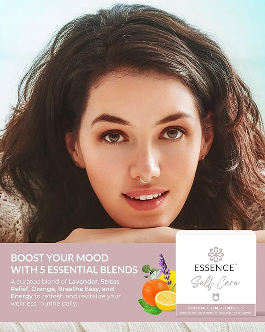 Essence Nasal Diffuser Self Care Bundle – Essential Oil Silicone Nose Rings for Stress, Energy & Mental Clarity – Wearable Aromatherapy Pack for Wellness & Mood Balance