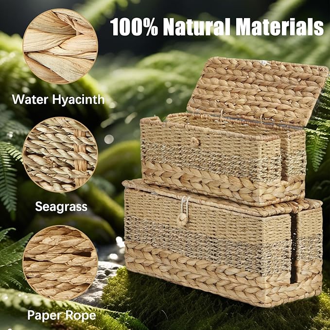 Cable Organizer Box Handmade Wicker Rattan Cable Management Box Adapter Power Strips Outlet Router Cord Hider Cover Under Desk Electrical Wire Storage Organizer with Lid (Natural, Large)