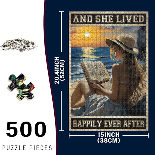 500 Piece Wooden Jigsaw Puzzle and She Lived Happily Ever After Girl Reading Book Adults & Kids Time Killing Challenge Stress Relief Quiet Play for Rainy Days Long Car Rides 20.4x15 Inch