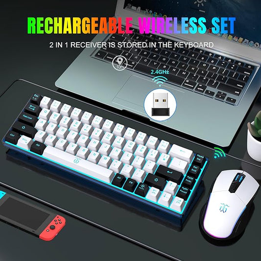 Snpurdiri 60% Wireless Gaming Keyboard and Mouse Combo,Ice Blue Backlit Rechargeable 2000mAh Battery,Mini Mechanical Feel Anti-ghosting Keyboard + Popular RGB Mice for Gaming, Office(White-Black)