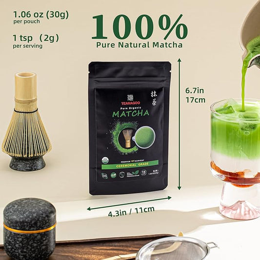 TEANAGOO Matcha Powder Ceremonial Grade, Premium Green Tea for Latte/Breakfast Beverage/Daily Green Tea, USDA Organic Ceremony Matcha Tea, Unsweetened No Additives, First Harvest, 1.06oz(30g)