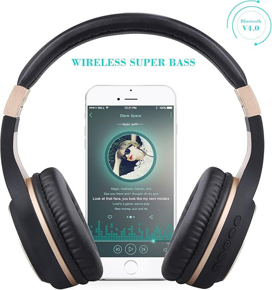 Riwbox Bluetooth Headphones, XBT-80 Folding Stereo Wireless Bluetooth Headphones Over Ear with Microphone and Volume Control, Wireless and Wired Headset for PC/Cell Phones/TV/iPad (Black Gold)