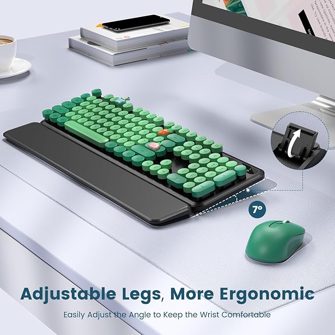 Wireless Keyboard and Mouse Combo-Round Keycaps, Full-Size Retro Typewriter Keyboard with Detachable Wrist Rest, Sleep Mode & Tilt Legs, 2.4GHz Cordless Connection for Mac/Windows/PC (Black & Green)