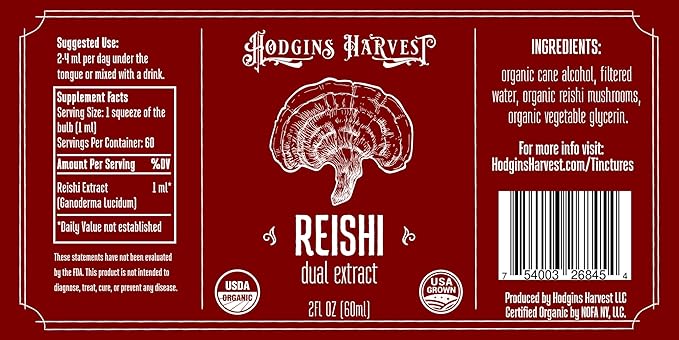 Hodgins Harvest Organic Reishi Mushroom Fruiting Body Extract Tincture - Extra Concentrated Dual Extract Supplement - Supports Heart Health & Wellness - USDA Organic Mushrooms - 2 oz