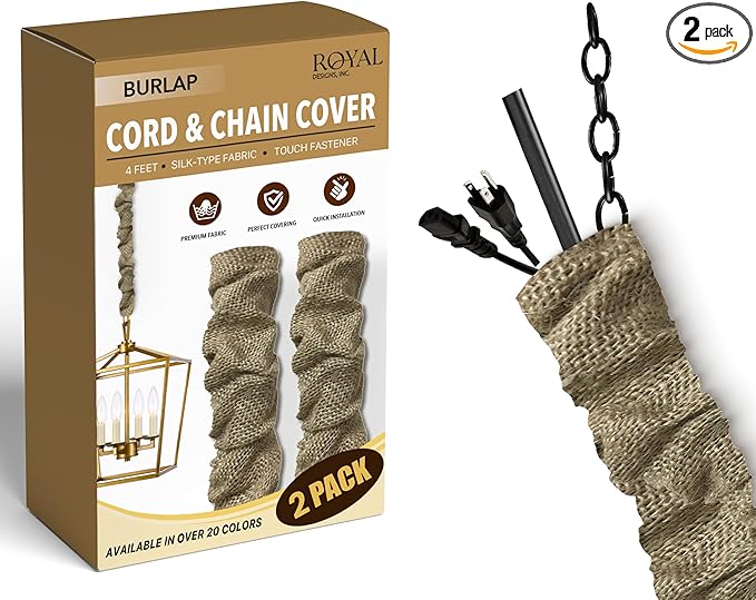 Royal Designs, Inc. Cord & Chain Cover 4 ft Silk Type Fabric, Chandelier Pendant Lighting Chain & Cable Management, Touch Fastener, Burlap - 2 Pack