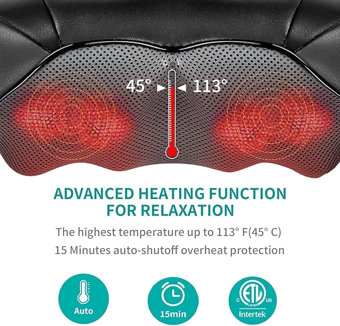Nekteck Cordless Shiatsu Neck and Back Massager with Soothing Heat, Electric Deep Tissue 3D Kneading Massage Pillow for Shoulder Leg Body Muscle Pain Relief, Home Office and Car Use