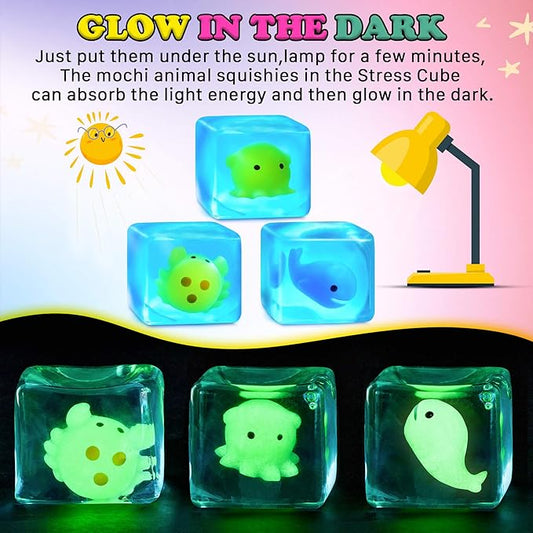 Squishy Stress Cube Fidget Toys Adults - Glow in The Dark Sensory Toys for Kids with Autism Stress Balls for Kids Squeeze Toys for Anxiety Stress Relief Gifts Whale Crab Octopus