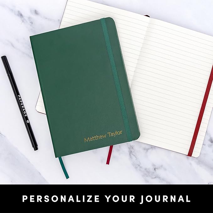 PAPERAGE Personalized Lined Journal Notebook for Writing - Customizable Text in Embossed Metallic Gold Foil, 160 Pages, 100 GSM Thick Paper, Leather Hardcover Diary, 5.7 inches x 8 inches, Black