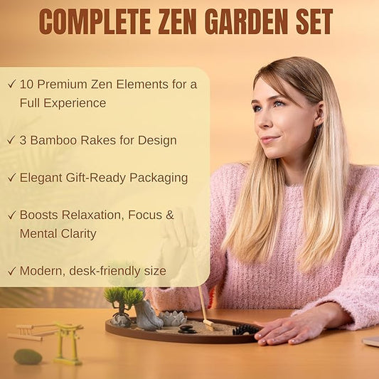 Zen Garden for Desk 13x8in β Japanese Decor with Buddha, Bonsai Tree, Tools & Accessories β Mini Zen Garden Kit for Office Desk, Home, Meditation Room, Desktop Gift Set, Sand Tray Therapy
