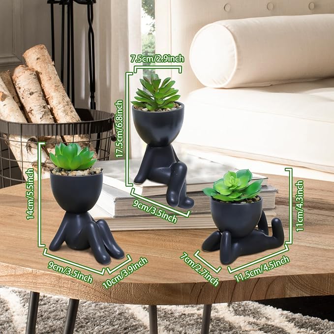 Zerzsy 3 PCS Cute Artificial Succulent Plants with Creative Human Shaped Pots, Mini Potted Plants, Faux Succulent Desk Decor for Home Office Shelf Decor (Matte Black)