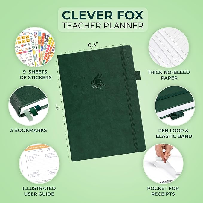 Clever Fox Teacher Planner – School Year Planner with Calendars & Lesson Plans – Book for Classroom & Homeschool Organization, A4 (Dark Green)