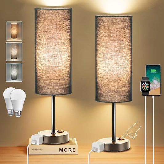 ZJOJO Table Lamp for Bedroom 2 Pack,18in Bedside Lamps with 3 Way Dimmable Rocker Switch & AC Outlet,Nightstand Desk Lamp with Black Fabric Shade Black Base for Living Room Home Decor Lights