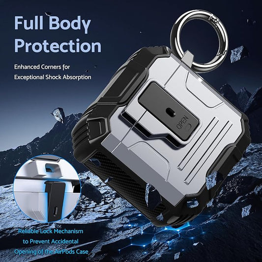 DASFOND Armor Cover AirPods 2nd & 1st Generation Case, Military Grade Full Body Shockproof Protection Hard Case, Support Wireless Charging with Keychain, Magnetic Lid, Front LED Visible, Silver