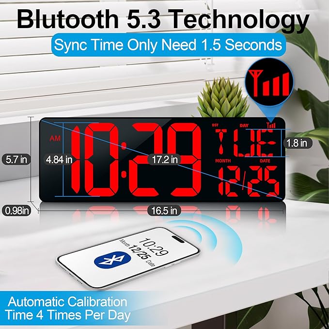 17.2" Large Digital Wall Clock Bluetooth Auto Time Sync Digital Clock Large Display Auto-Dimming/DST Led Wall Clock with Date Week Big Timer for Living Room Classroom Garage Gym Decor