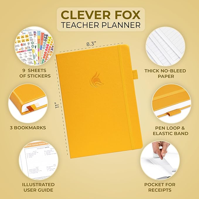 Clever Fox Teacher Planner – School Year Planner with Calendars & Lesson Plans – Book for Classroom & Homeschool Organization, A4 (Amber Yellow)
