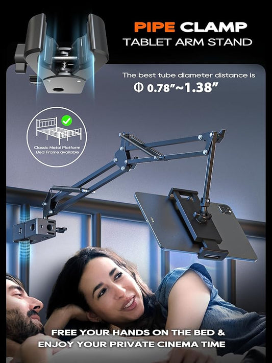 Tablet Stand, Tablet Mount Adjustable with Clamp for Round tube, Universal Flexible Tablet Holder with 360 Degree Rotation for iPad/iPhone/iPad Pro/N-Switch,or Other 4.5~13.5 Inches Devices (Black)