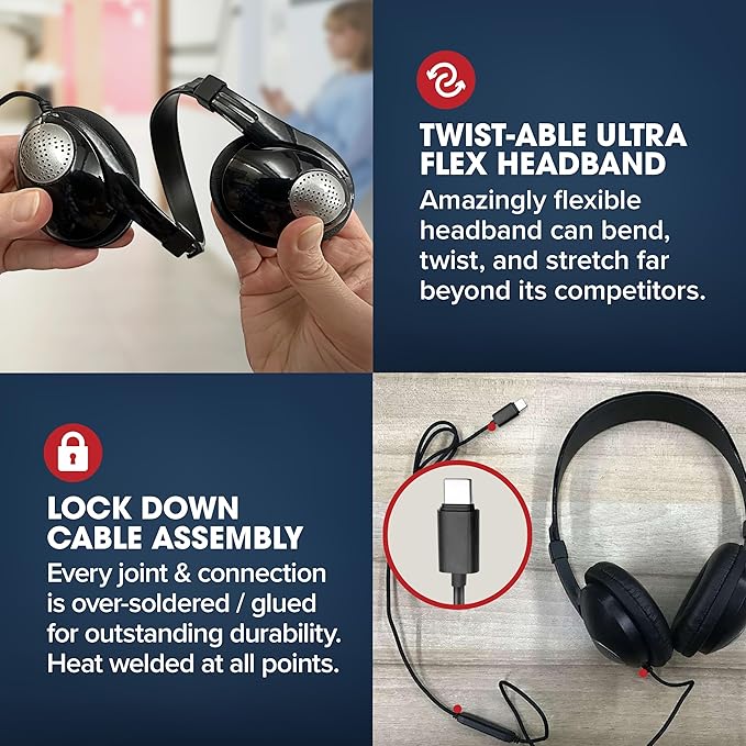 SENTRY Bulk Rugged School Headphones, Durable for Kids, Students, Teachers, Classrooms, 3.5mm or USB-C Jack Options, Optional Boom Mic for Online Learning (24 Count - USB C With Inline Mic, 24, Count)