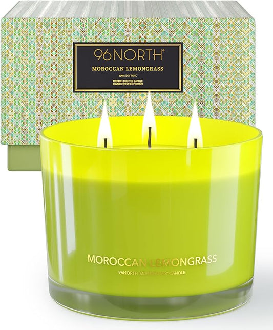 96NORTH Luxury Lemongrass Candle | Large 3-Wick Jar Candle | Up to 40 Hours Burning Time | 100% Natural Soy Wax | Relaxing Aromatherapy Aesthetic Candle | Housewarming Gift for Men and Women