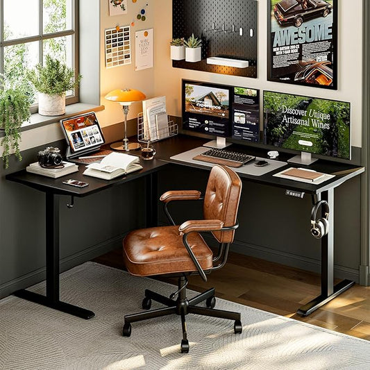 Grandder 63 x 55 Inch L Shaped Standing Desk, Electric Height Adjustable Corner Stand Up Desk, Sit Stand Corner Table Home Office Table, Black Top Black Frame