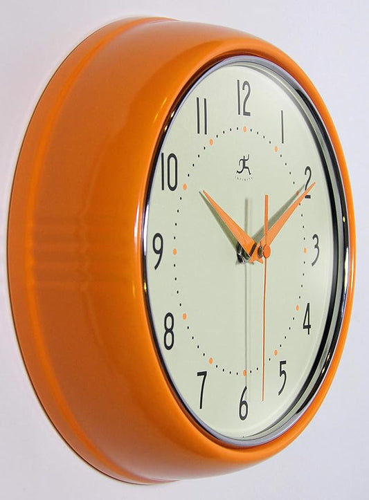 Infinity Instruments LTD. Retro 9 inch Silent Sweep Non-Ticking Mid Century Modern Kitchen Diner Wall Clock Quartz Movement Retro Wall Clock Decorative (Orange)…