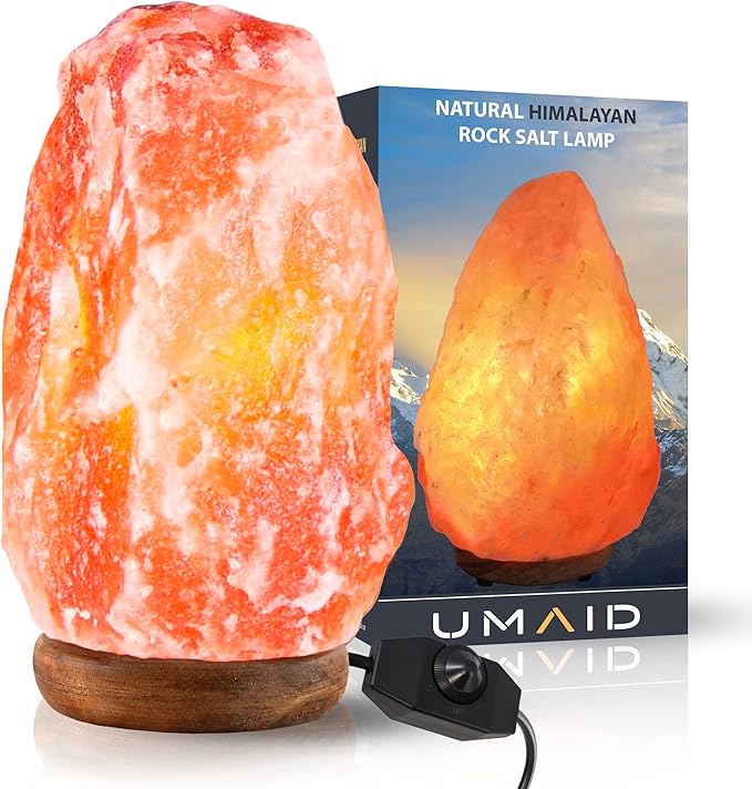 UMAID Himalayan Salt Lamp 8-10 inch (7-11 lb) with Dimmable Switch and Night Light Bulb on Handcrafted Wooden Base, Natural Pink Rock Salt Lamp