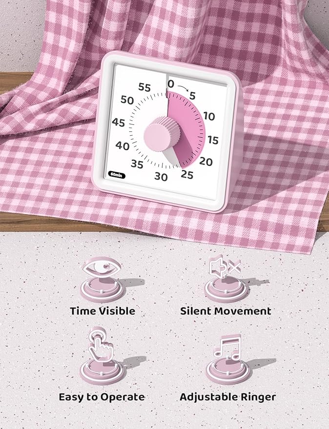 LIORQUE Visual Timer for Kids, 60-Minute Countdown Timers for Classroom Office Kitchen with Silent Operation, Kids Timer for Teaching (Batteries Included)