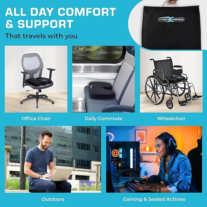 Xtreme Comforts Seat Cushions | Office Chair Cushions for Desk, Car, Wheelchair| Ergonomic Memory Foam Seat Cushion for Support & Comfort | Helps Improve Sitting Posture for Work & Body Relief