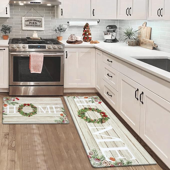 KIMODE Christmas Kitchen Mat 2PCS,Anti Fatigue Farmhouse Kitchen Rugs Non Slip,Waterproof Kitchen Floor Mat,Cushioned Comfort Standing Mat,Christmas Decorations for Home Kitchen