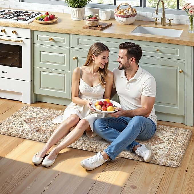 KIMODE Kitchen Runner Rug,17.3" x 59" Farmhouse Anti Fatigue Kitchen Mats for Floor Cushioned,Non-Slip Waterproof Comfort Thick Kitchen Floor Standing Mat for Front Sink,Laundry Room,Mutil-Khaki