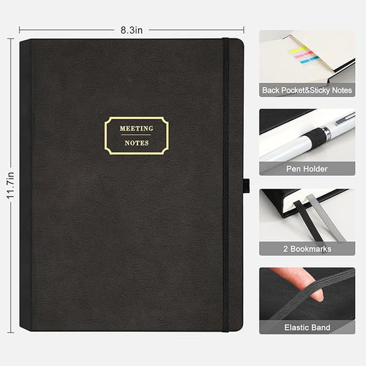 EMSHOI Meeting Notebook for Work with Action Items - 240 Pages, A4 Project Planner, PU Leather Meeting Agenda/Minutes Journal Organizer for Women Men, Note Taking, Office Business, 8.5"x11", Black