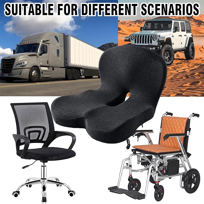 Ergonomic Memory Foam Seat Cushion for Truck Drivers Office Chairs Home Chair Cushion Car Desk Chair Non Slip Pad, Sciatica & Tailbone Pain Relief, Long Sitting Comfort Pad (Dark Grey)