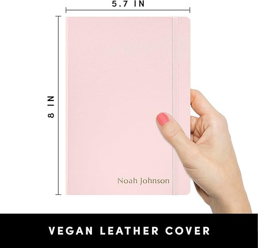 PAPERAGE Personalized Lined Journal Notebook for Writing - Customizable Text in Embossed Metallic Gold Foil, 160 Pages, 100 GSM Thick Paper, Leather Hardcover Diary, 5.7 inches x 8 inches, Blush