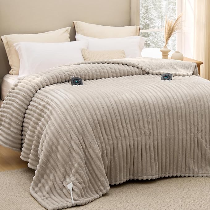 Bedsure Electric Blanket King Size - Thick Striped Flannel Electric Blanket with Dual Control, Heating with 10 Heat Settings & 10 Time Settings, 8 hrs Timer Auto Shut Off (90x100 inches, Linen)