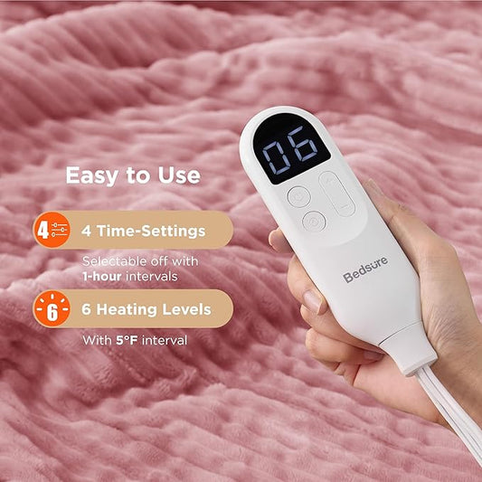 Bedsure GentleSoft Heated Blanket Electric Throw - Soft Ribbed Flannel Electric Blanket, Heating with 4 Time Settings, 6 Heat Settings, and 3 hrs Timer Auto Shut Off (50x60 inches, Bridal Rose)